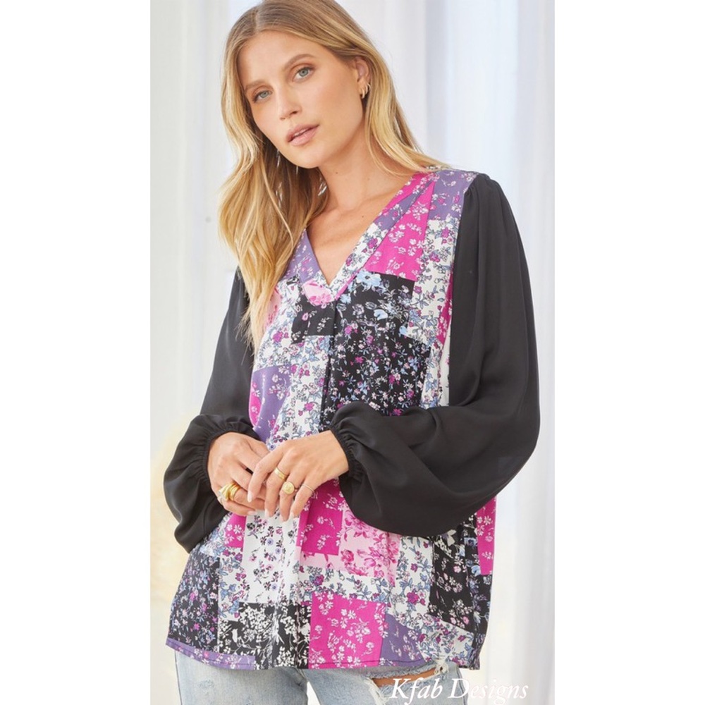 ❤️LAST 2! V Neck Floral Patchwork Ballon Sleeves Top! - Picture 5 of 7